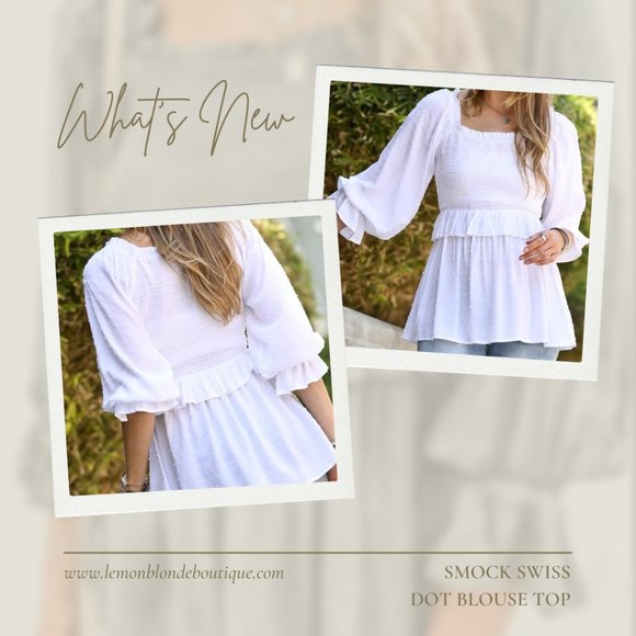 Tops - SMOCK SWISS DOT BLOUSE TOP - WHITE
